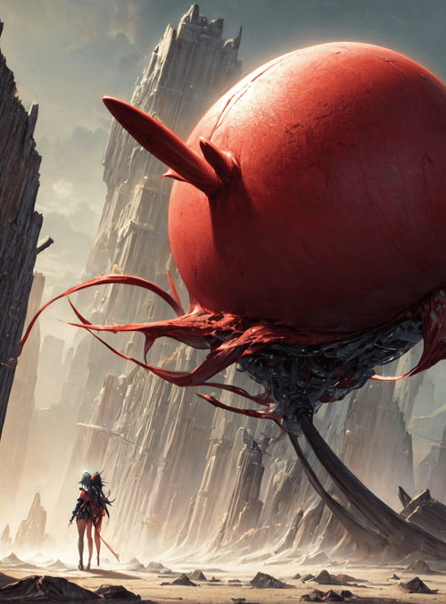 character, giant sphere, ruined city