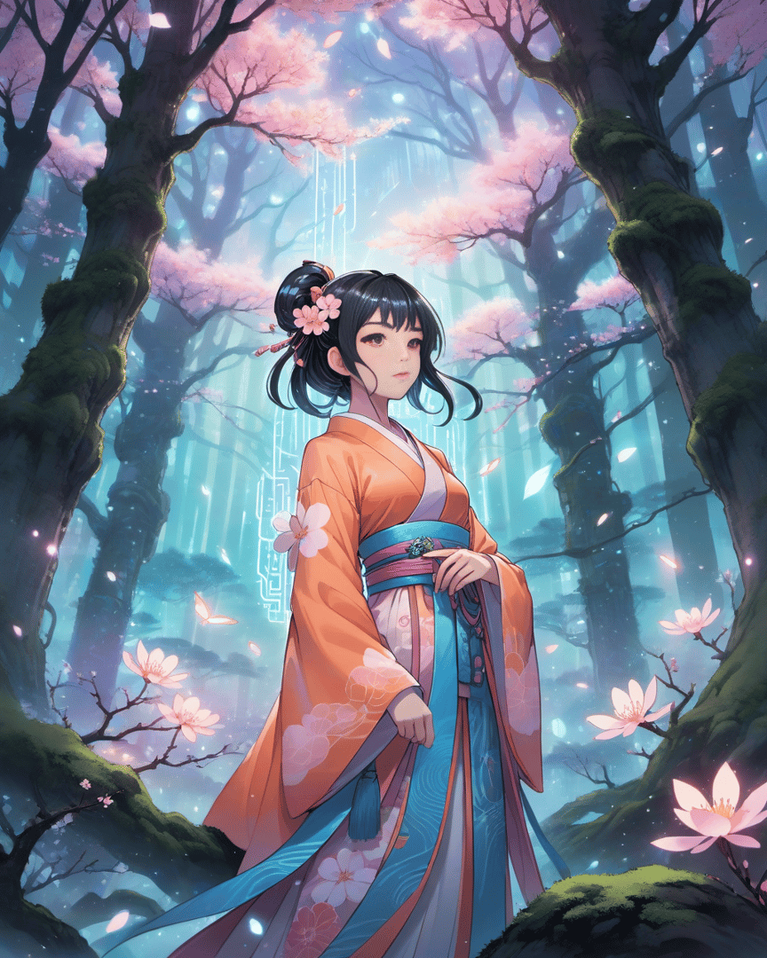 AI generated wallpaper featuring girl, sakura, forest