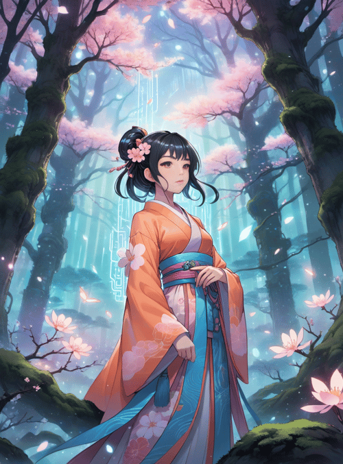 girl, sakura, forest