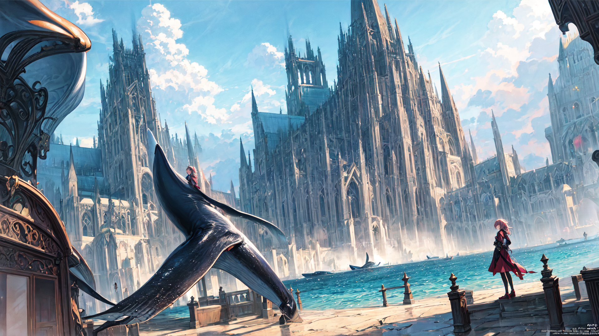 AI generated wallpaper featuring girl, whale, castle