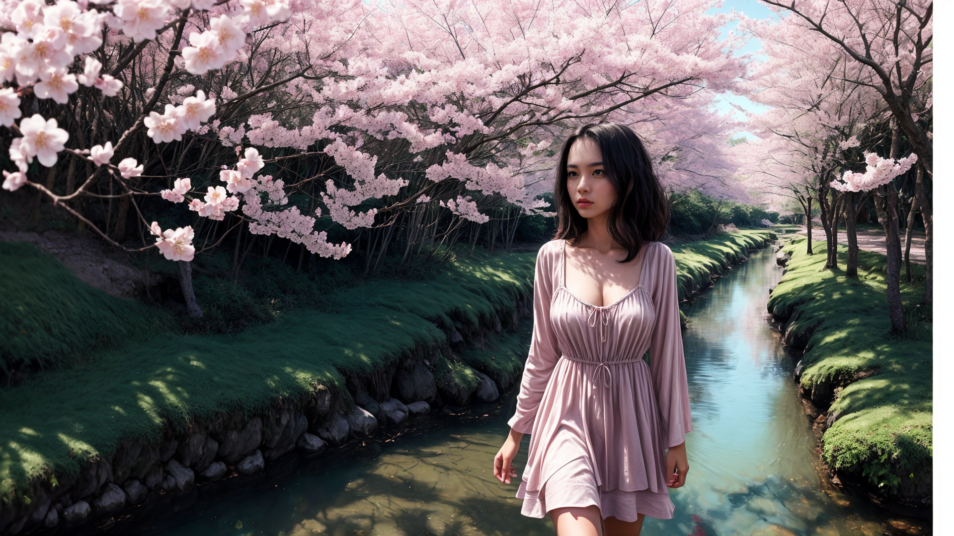 AI generated wallpaper featuring woman, cherry blossoms, stream