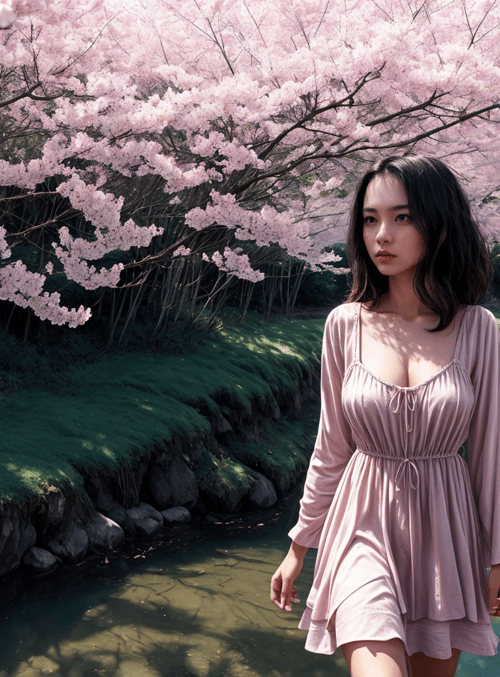 woman, cherry blossoms, stream