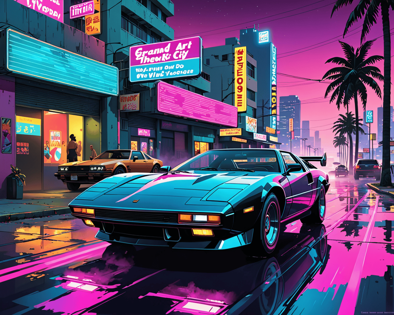 AI generated wallpaper featuring car, city, neon