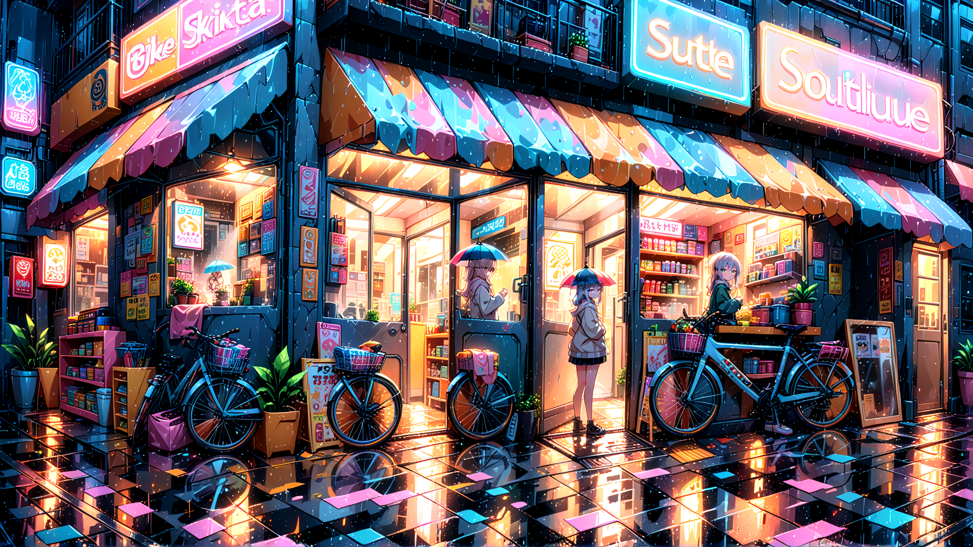AI generated wallpaper featuring girls, store, bicycles