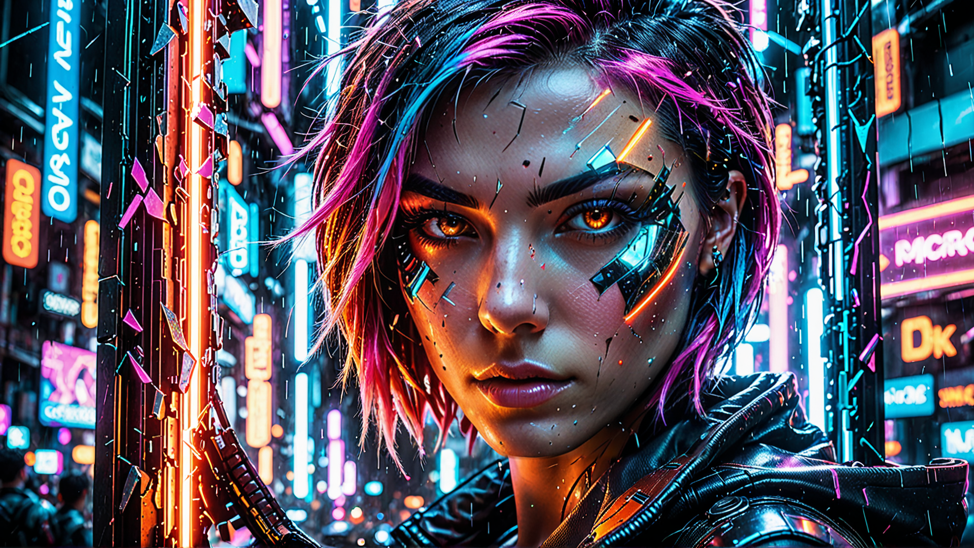 AI generated wallpaper featuring cyborg, neon, city, woman, rain, glowing, goggles, signs, futuristic, technology