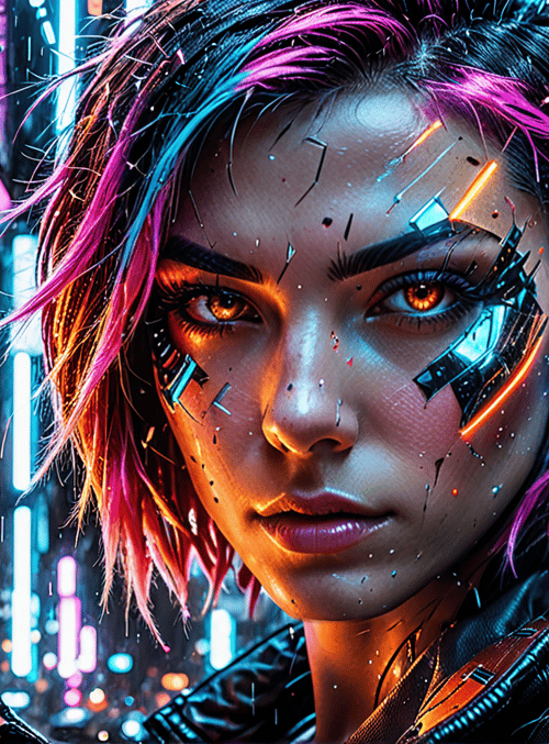 cyborg, neon, city, woman, rain, glowing, goggles, signs, futuristic, technology