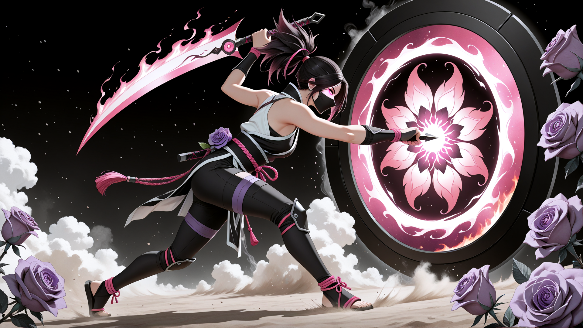 AI generated wallpaper featuring ninja, sword, rose, wheel, mask, pants, sandal, hair, cloud, knee