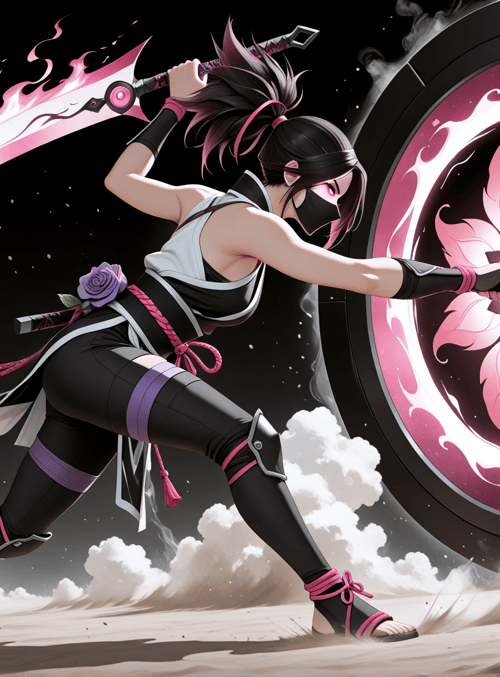 ninja, sword, rose, wheel, mask, pants, sandal, hair, cloud, knee
