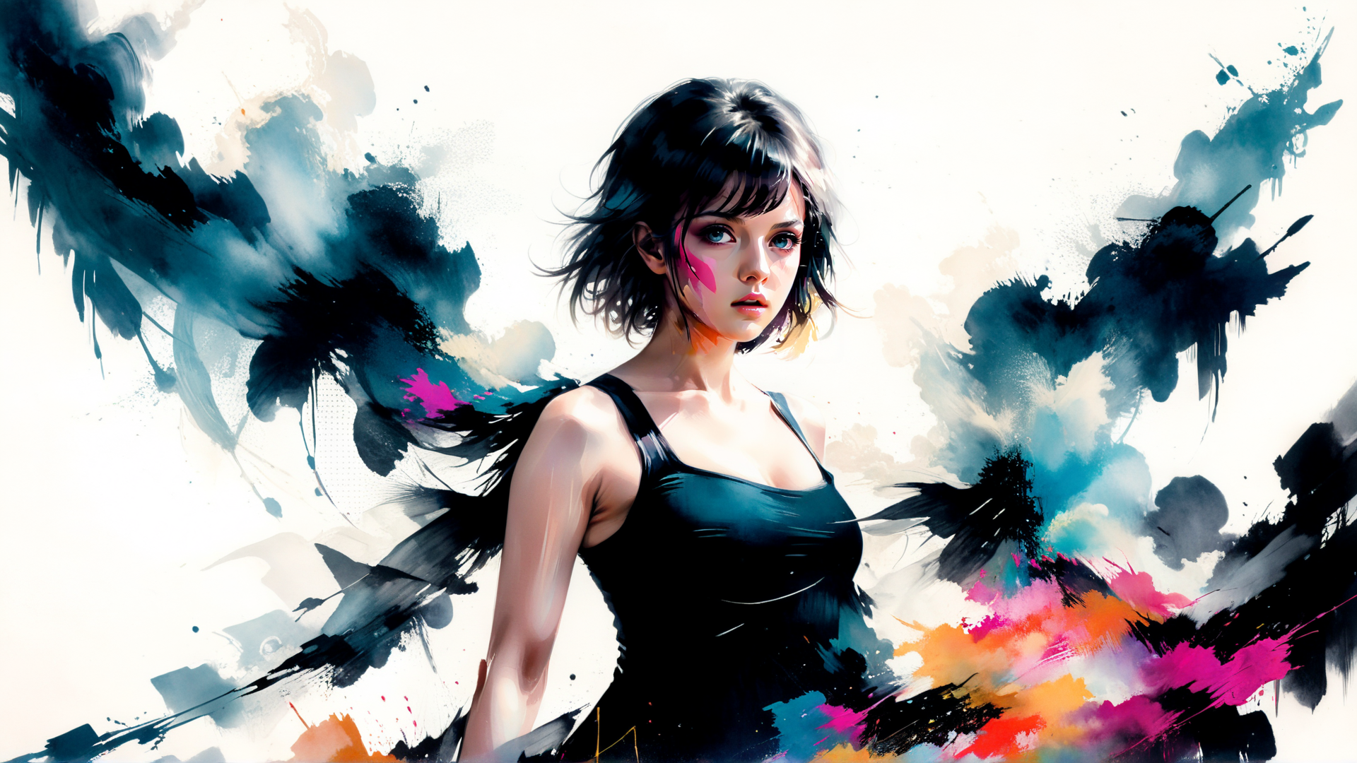 AI generated wallpaper featuring woman, angel, ink, paint, sweat