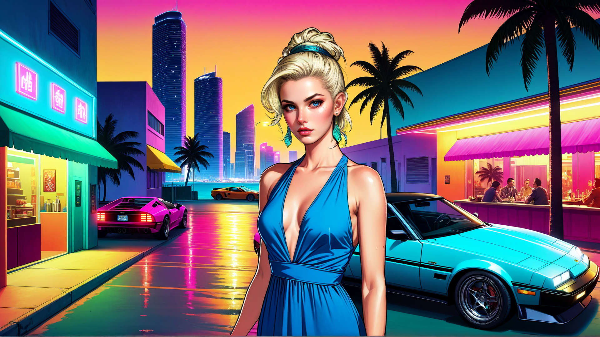 AI generated wallpaper featuring woman, cars, cityscape, palm trees, neon signs