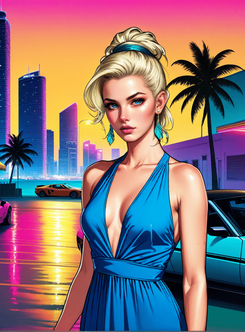 woman, cars, cityscape, palm trees, neon signs