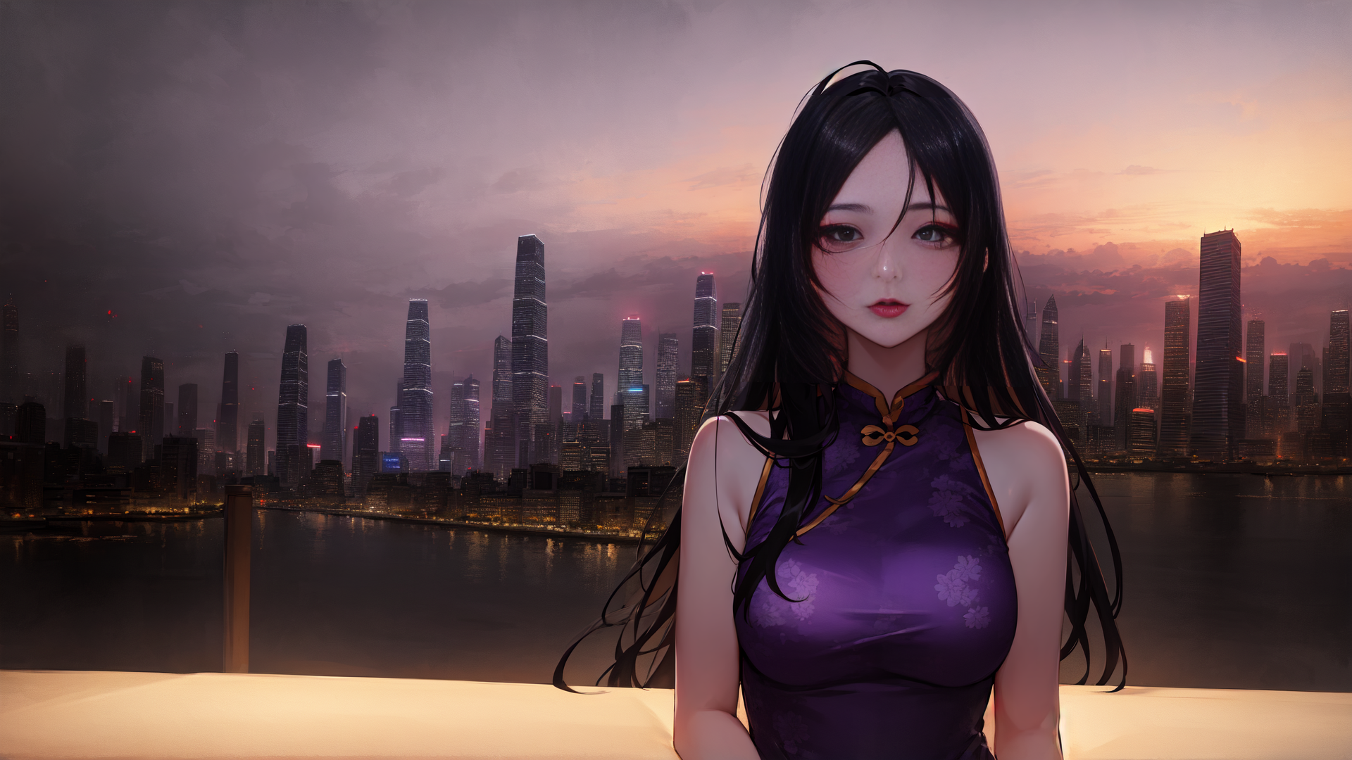 AI generated wallpaper featuring woman, cityscape, water