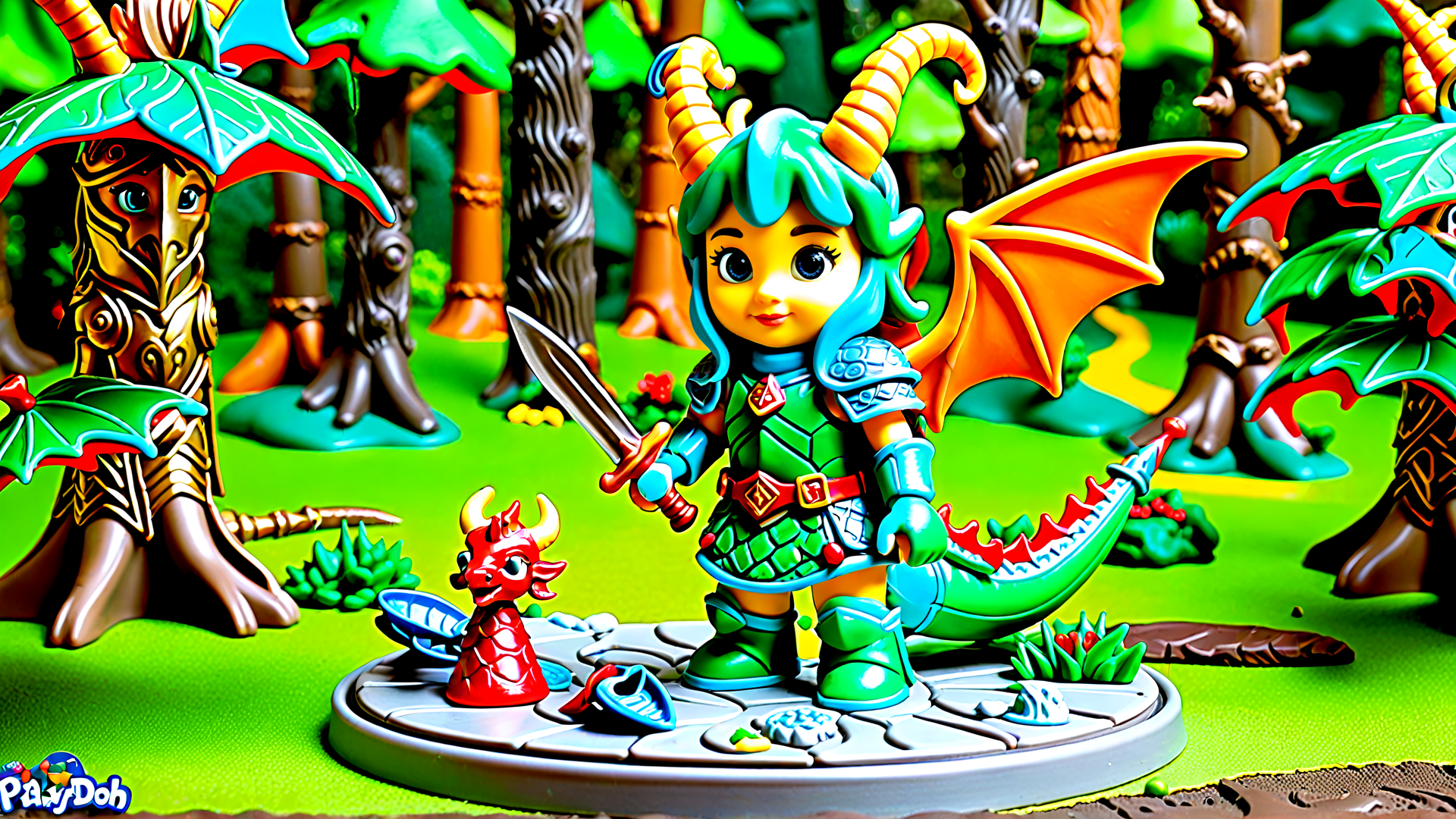 AI generated wallpaper featuring dragon, character, toy, forest, miniature, figurine