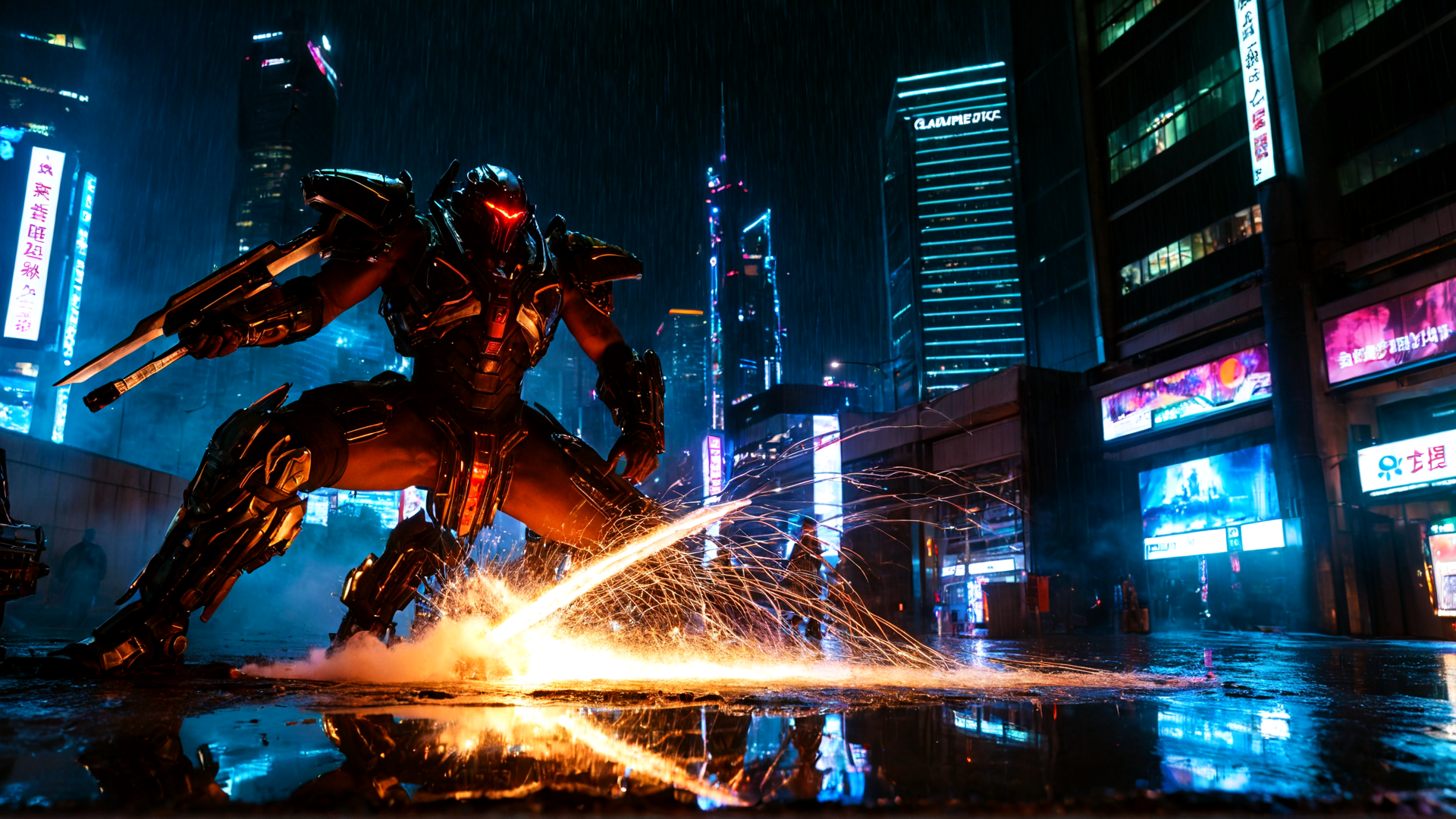 AI generated wallpaper featuring robot, mecha, sword, city, rain, building, sparks, neon, night, street