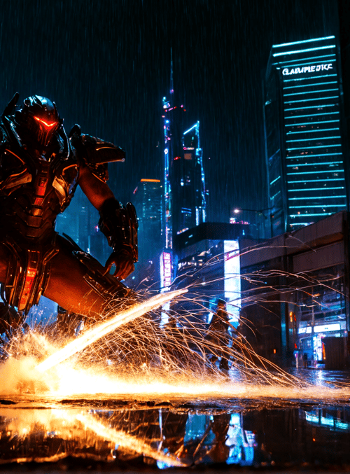 robot, mecha, sword, city, rain, building, sparks, neon, night, street