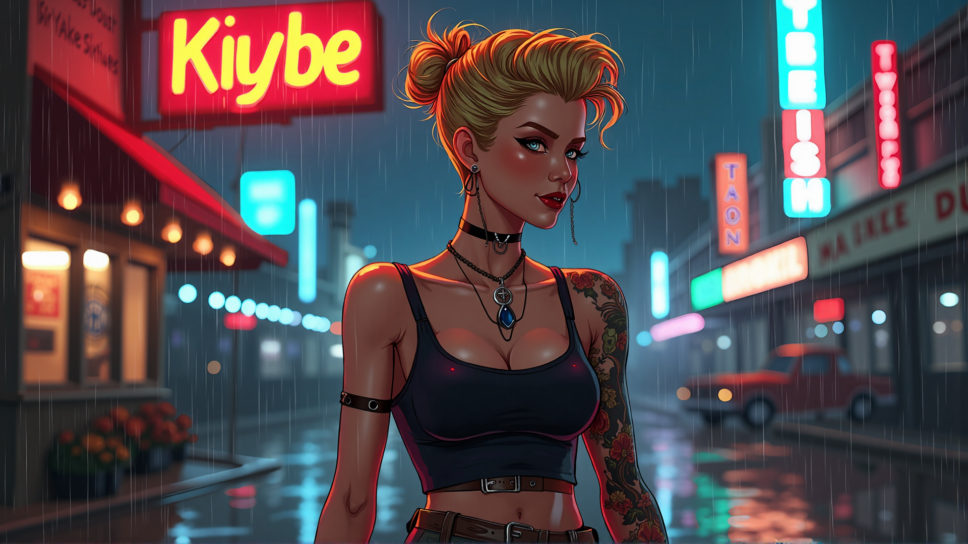 AI generated wallpaper featuring woman, tattoo, neon, rain, city