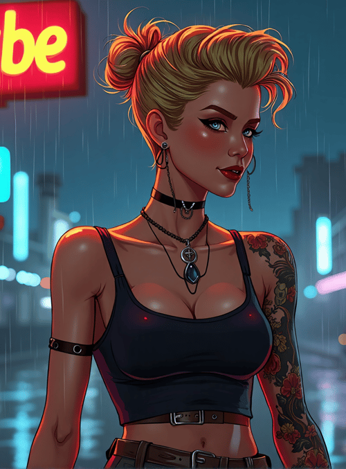 woman, tattoo, neon, rain, city
