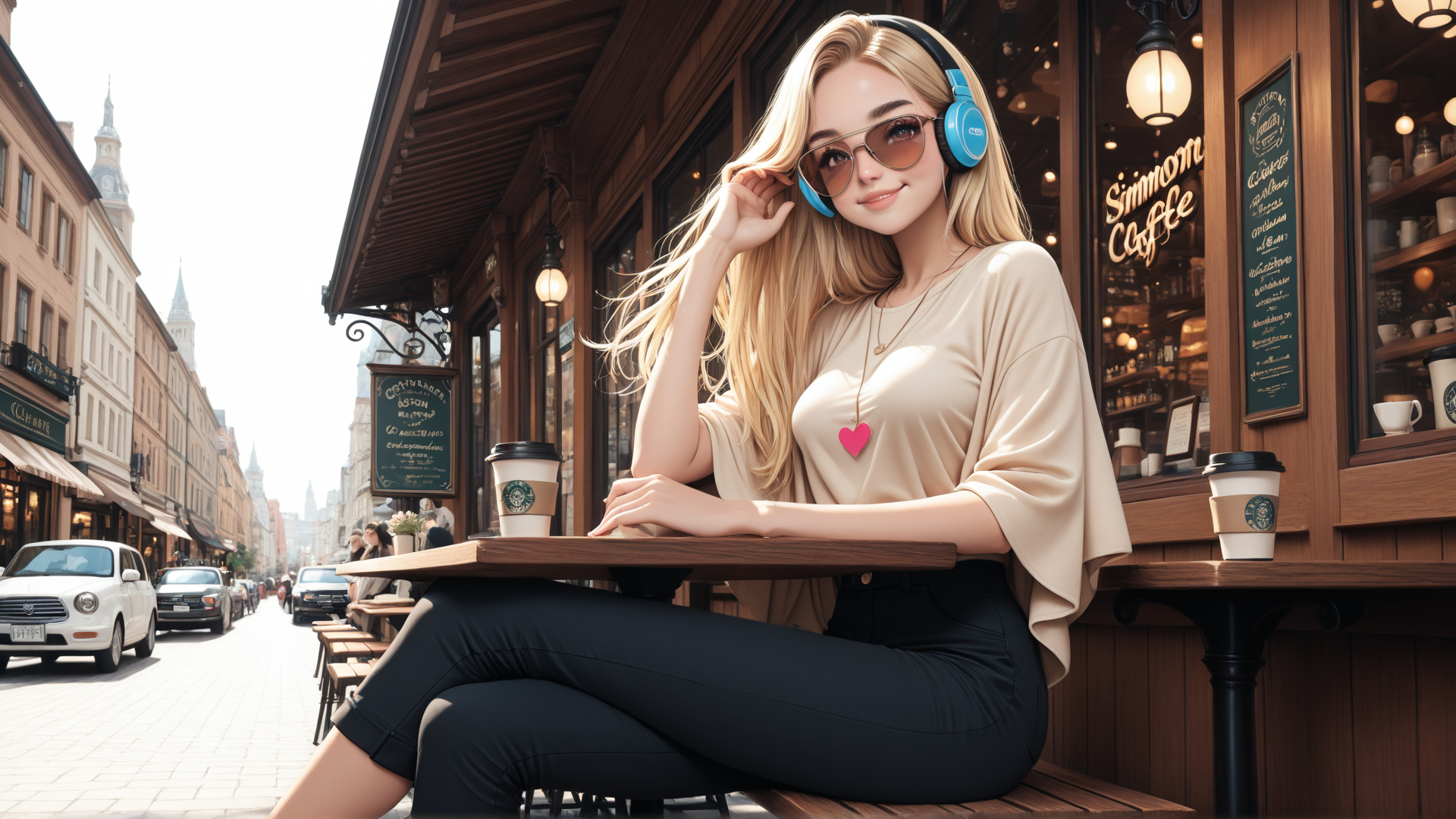 AI generated wallpaper featuring woman, coffee shop, headphones, sunglasses, street, cars, buildings