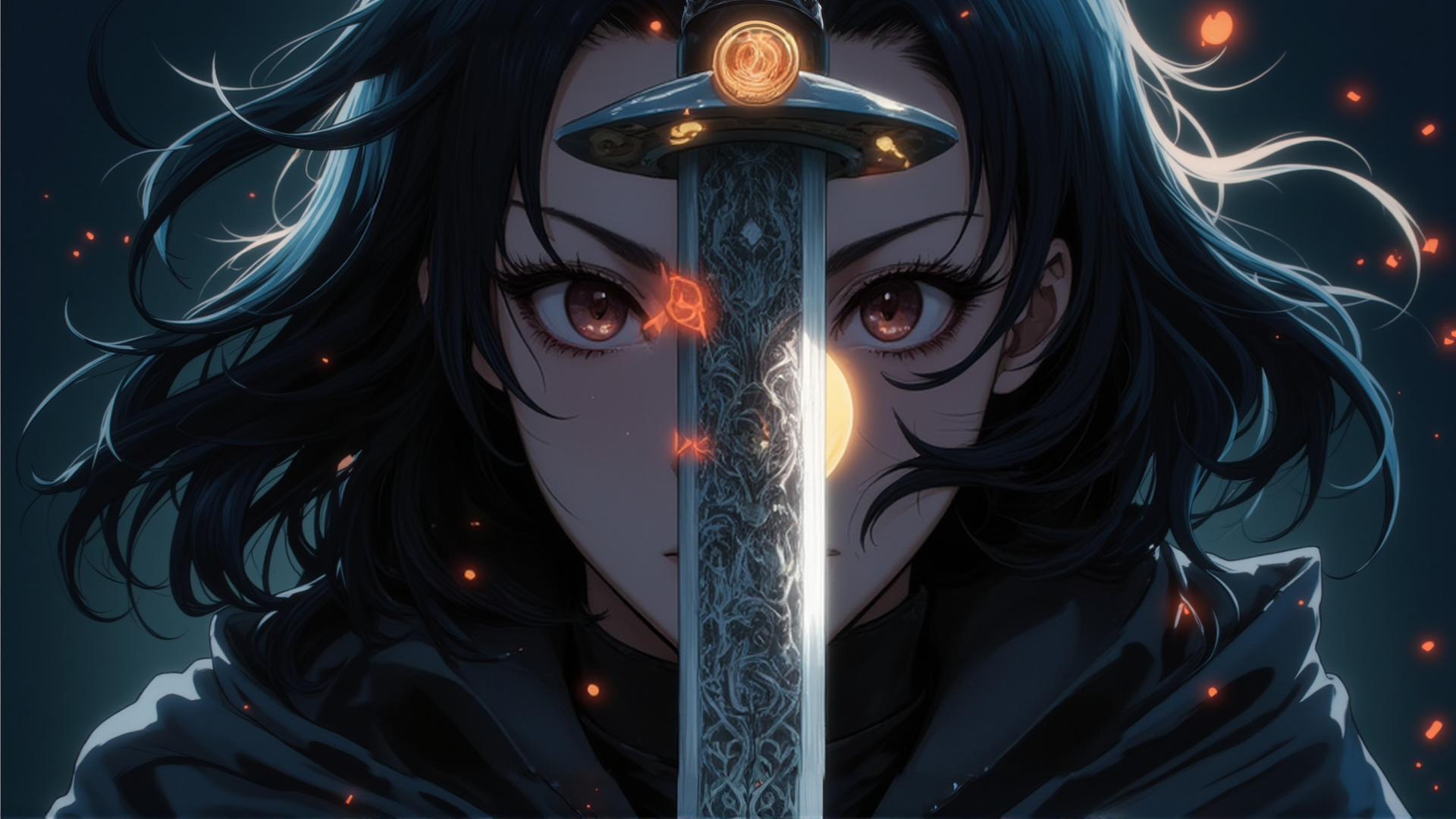 AI generated wallpaper featuring woman, sword, fire