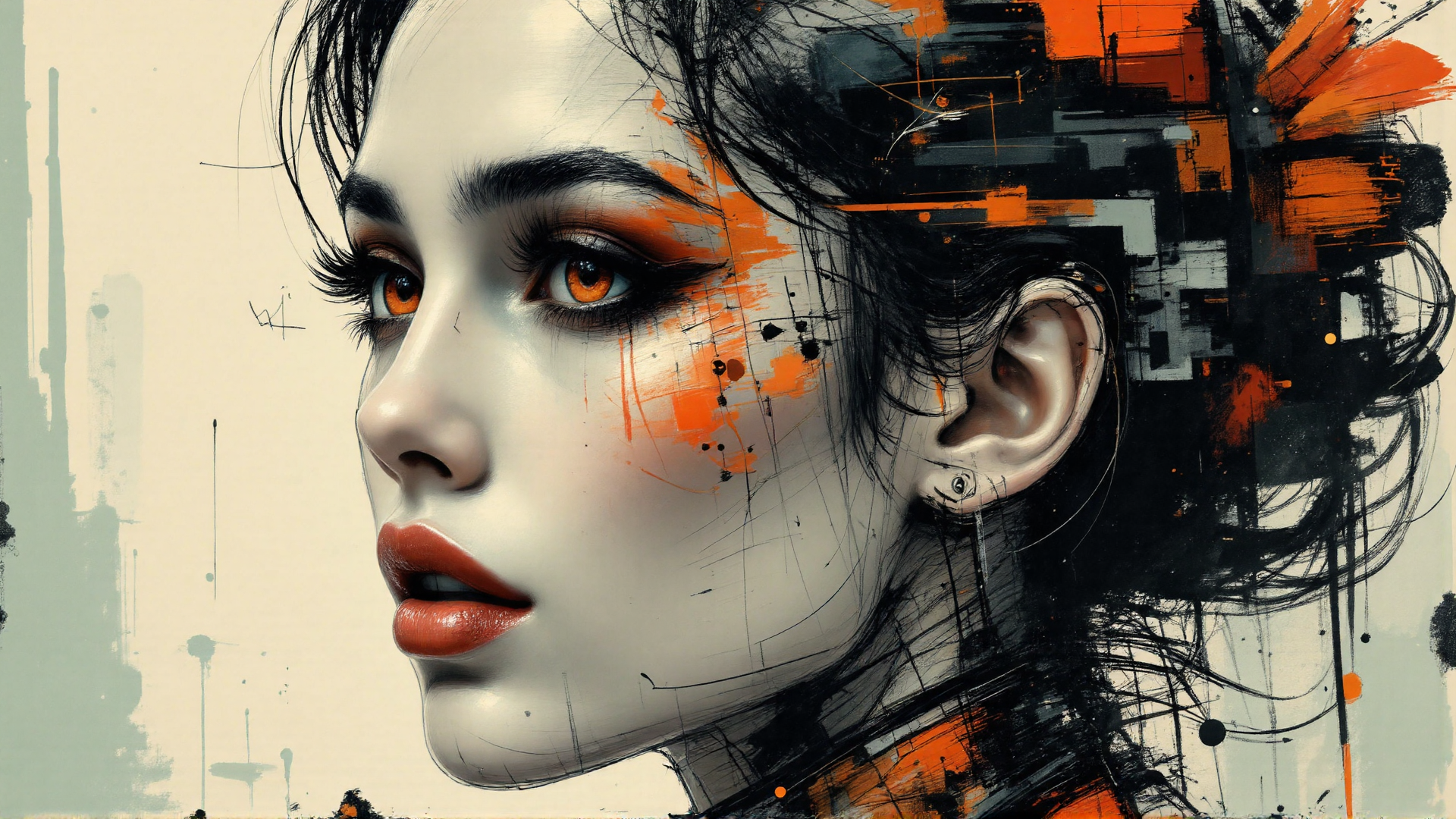 AI generated wallpaper featuring woman, portrait, face, hair, ear, eyebrow, lips, eye