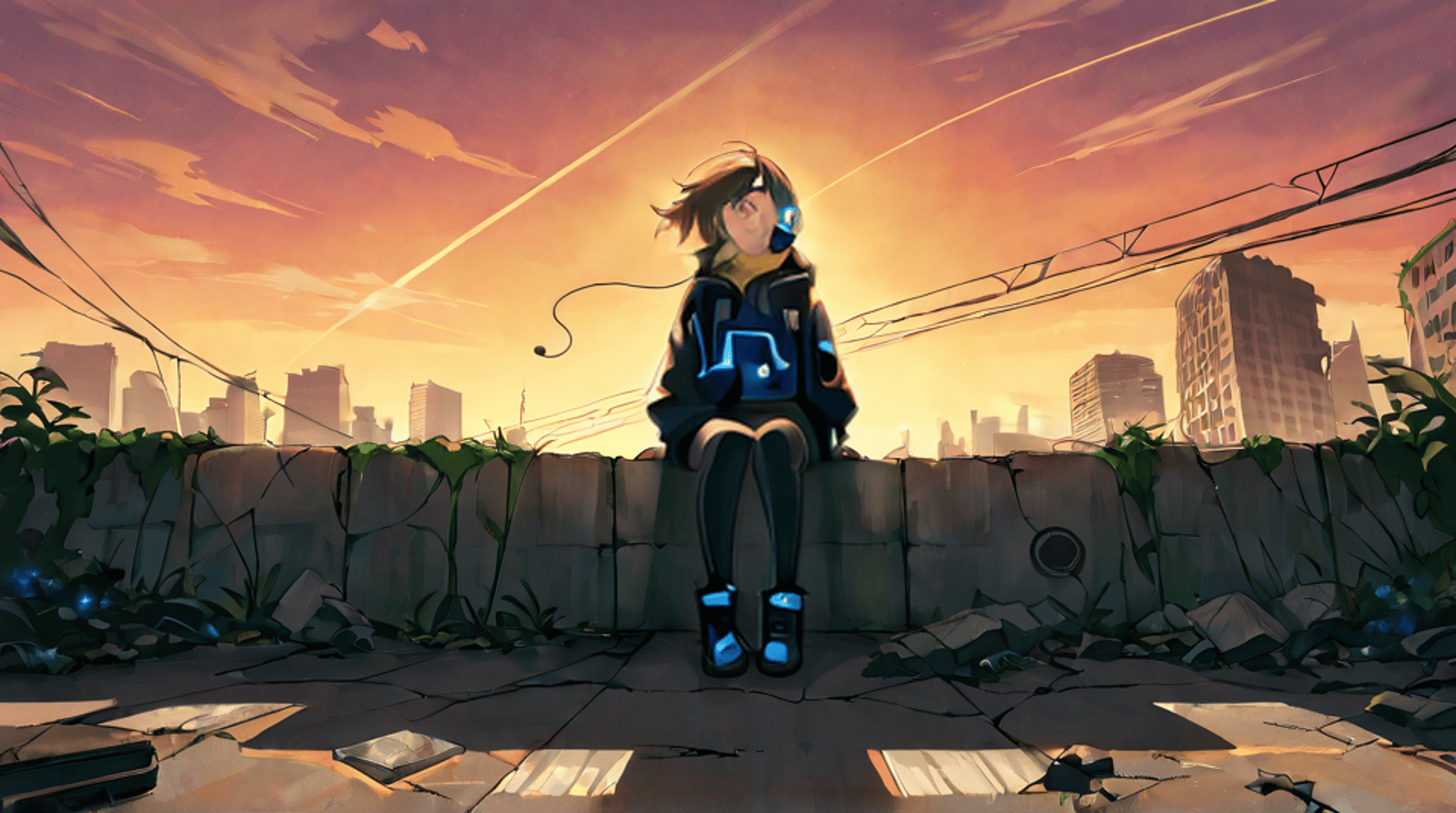 AI generated wallpaper featuring girl, cityscape, wall