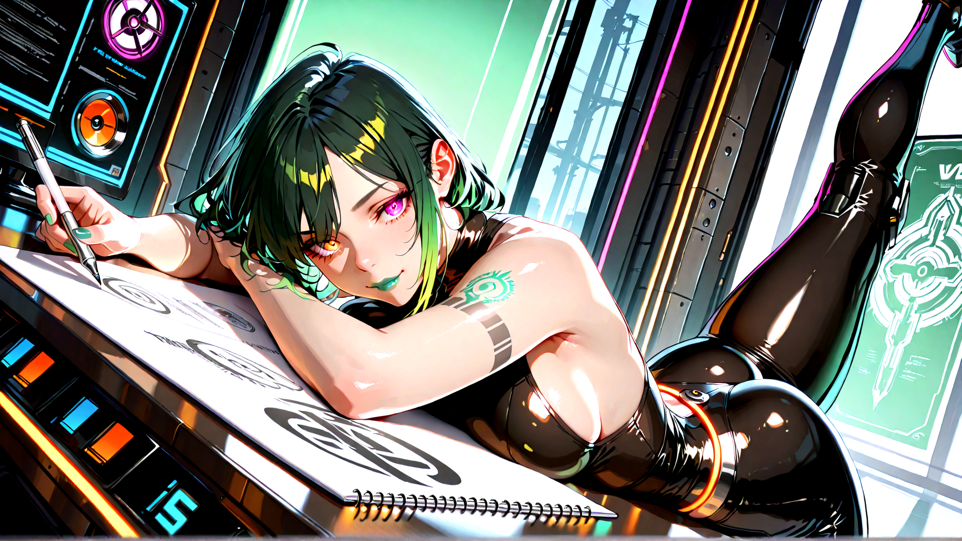 AI generated wallpaper featuring woman, cyborg, designer, robot, artist, character, pilot, tech, gamer, hacker