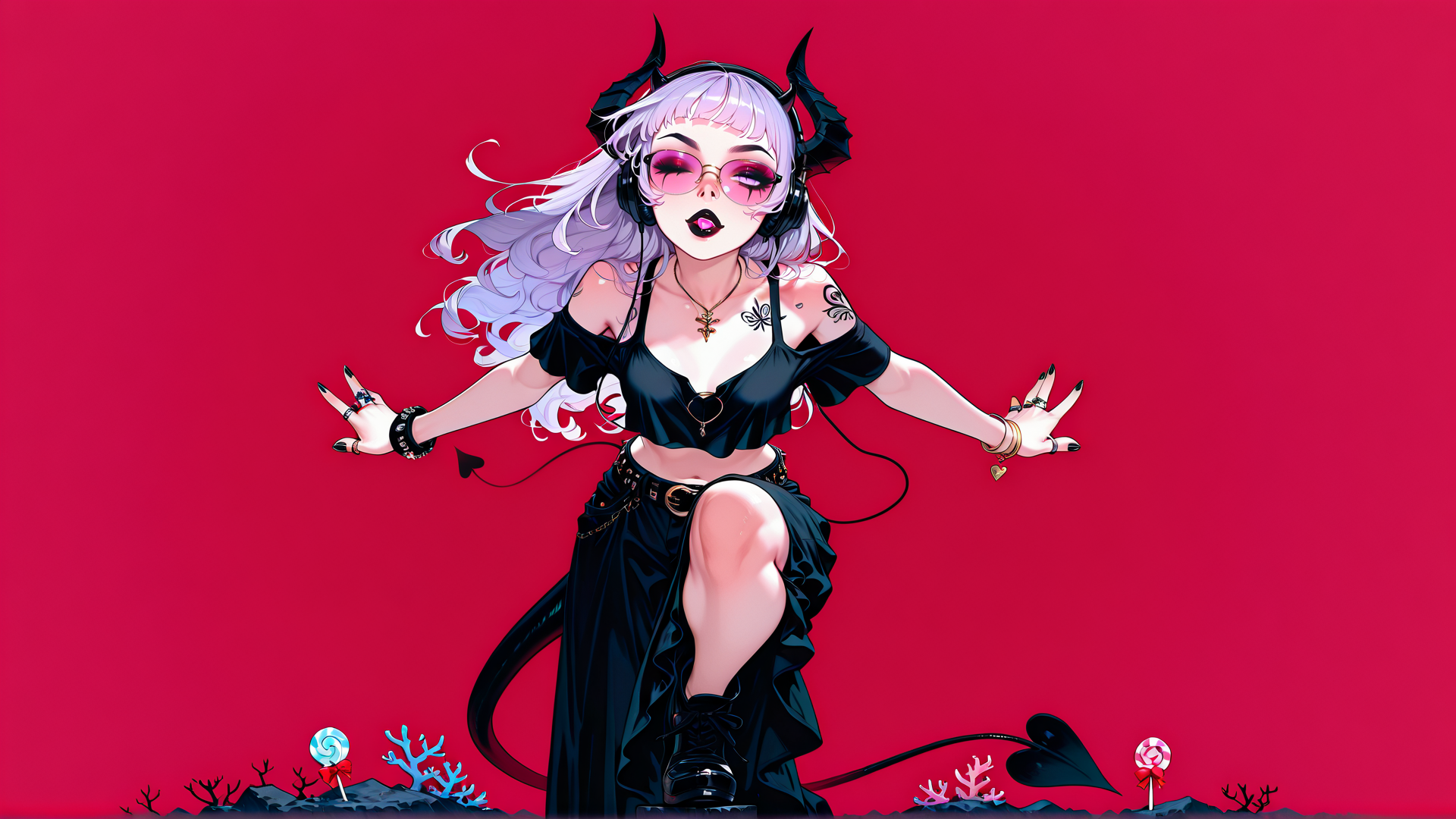 AI generated wallpaper featuring devil, girl, musician, fashion, lollipops, coral