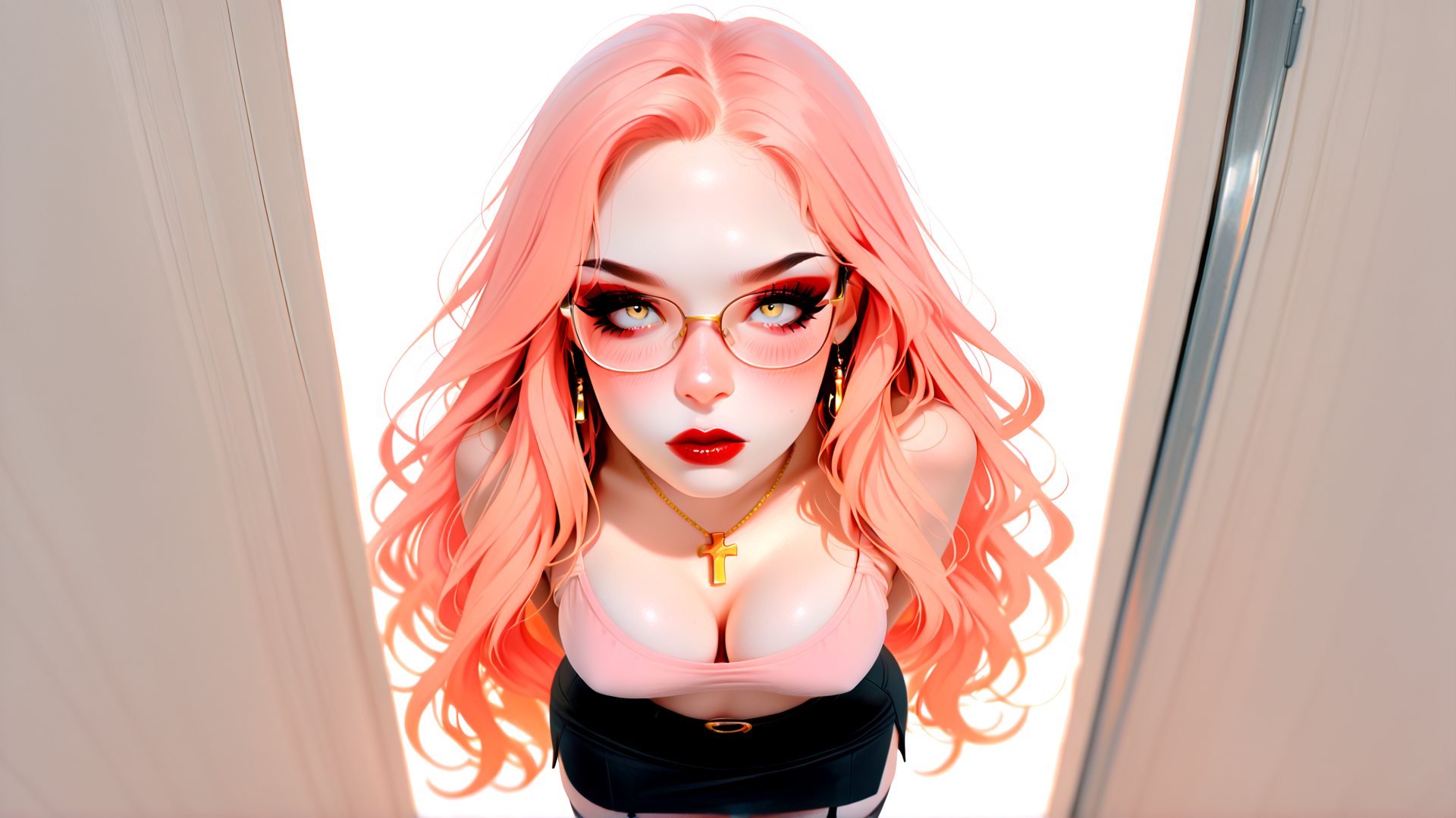 AI generated wallpaper featuring woman, glasses, hair, necklace, bra, top