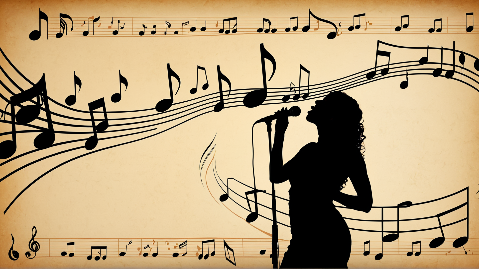AI generated wallpaper featuring singer, silhouette, musical notes, microphone, music, note, lyrics, vocalist, performance, sound