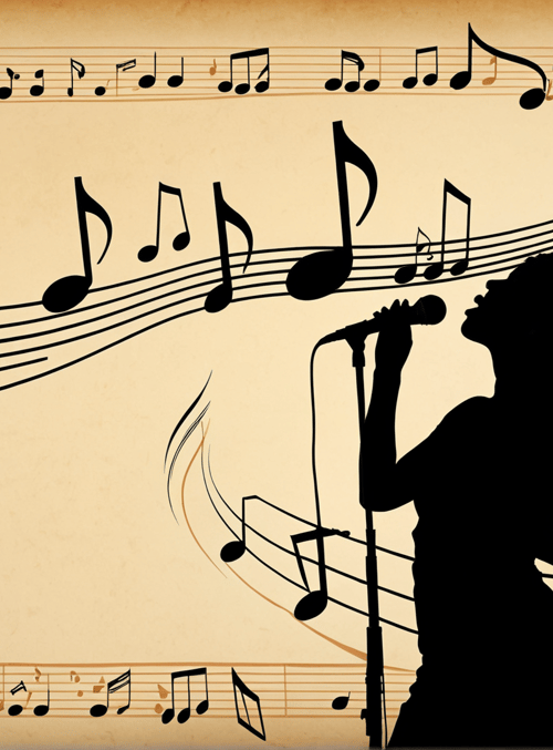singer, silhouette, musical notes, microphone, music, note, lyrics, vocalist, performance, sound