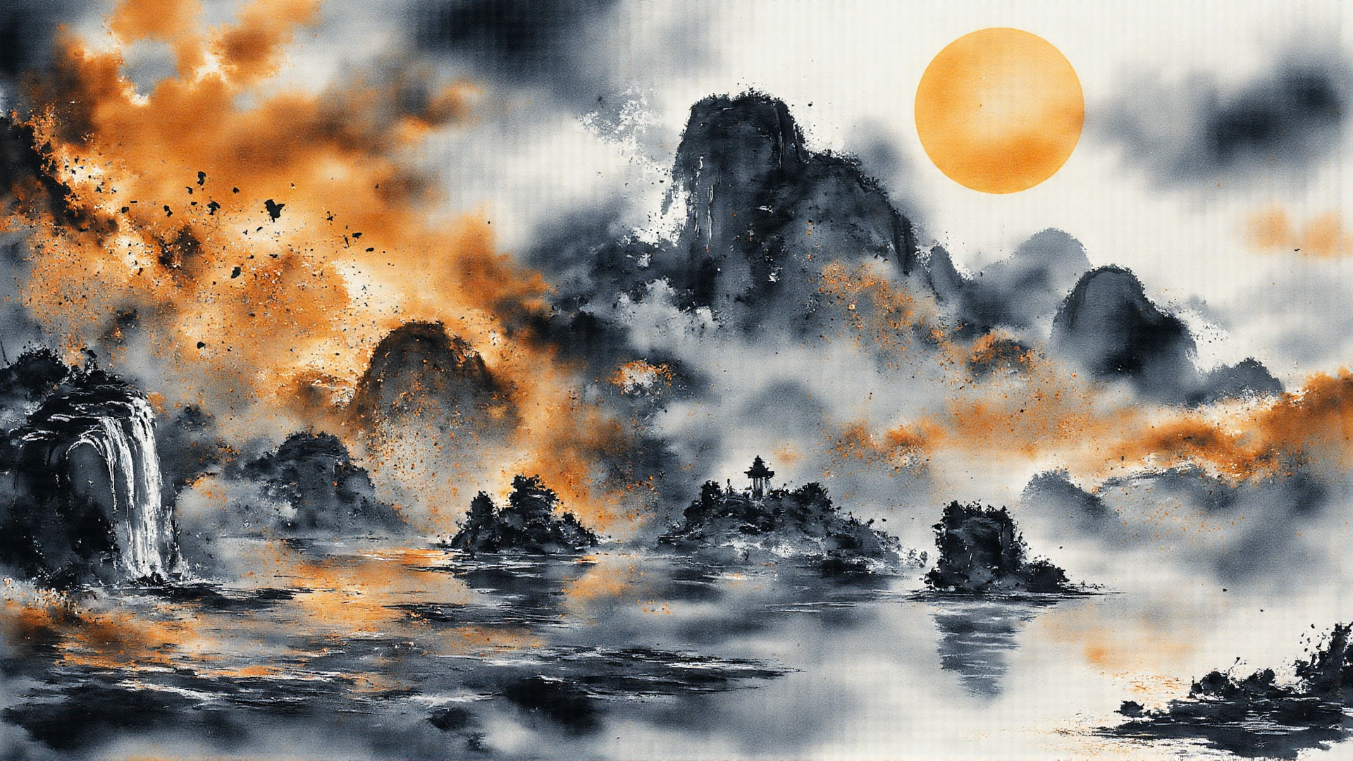 AI generated wallpaper featuring mountains, waterfall, sun