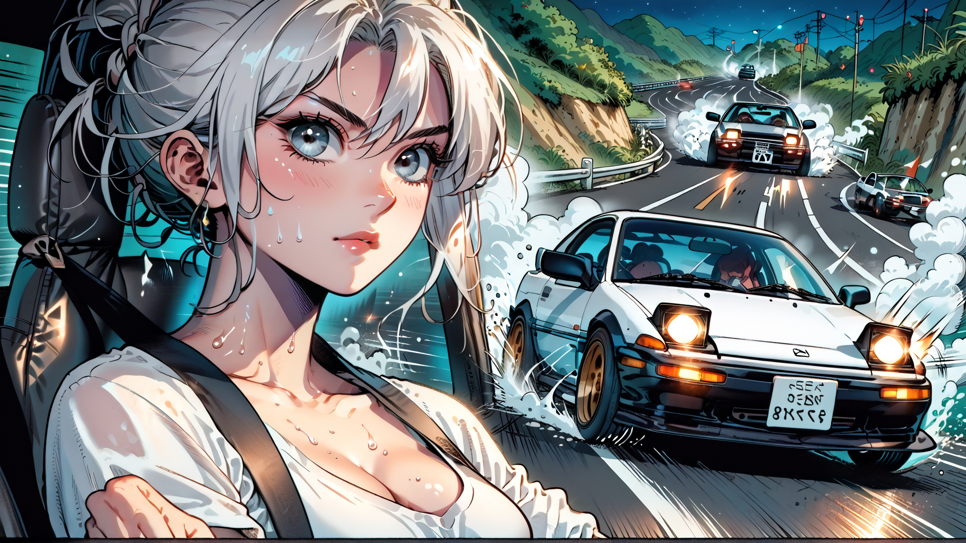 AI generated wallpaper featuring girl, cars, road, hair, seatbelt