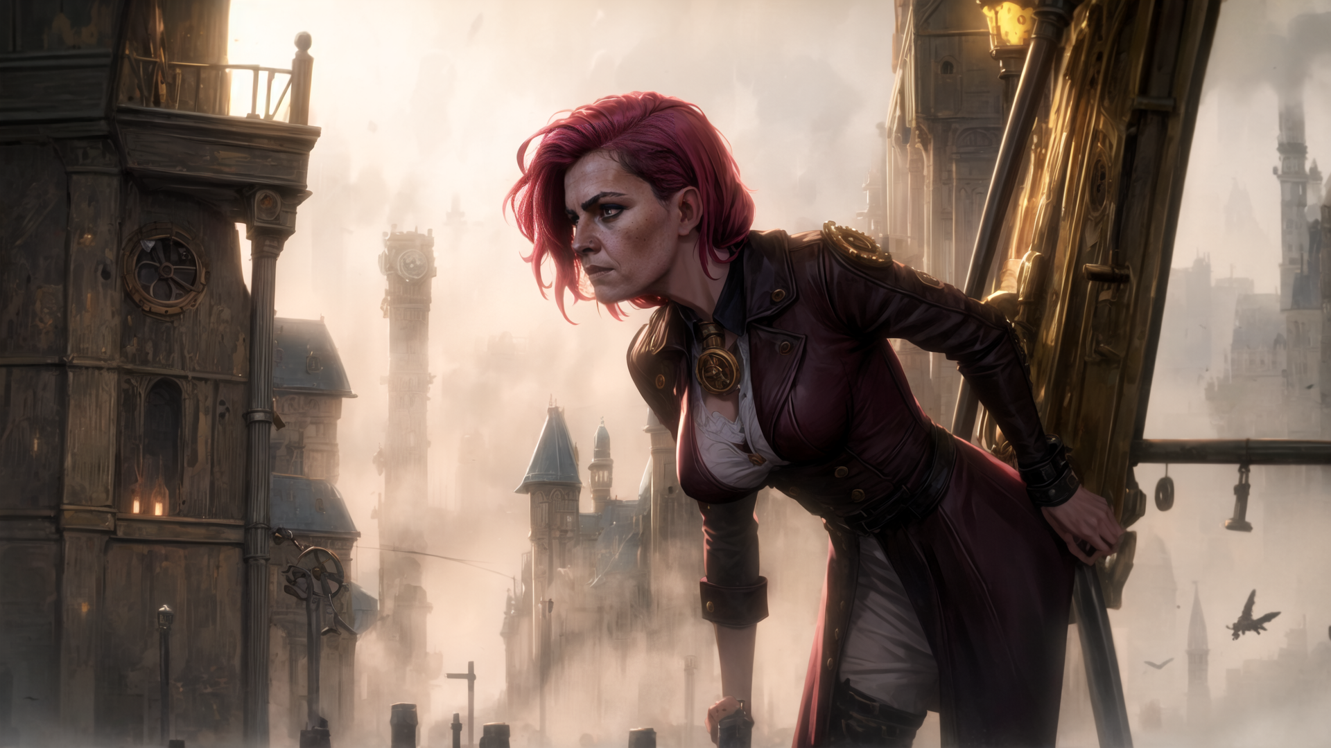 AI generated wallpaper featuring woman, steampunk, cityscape