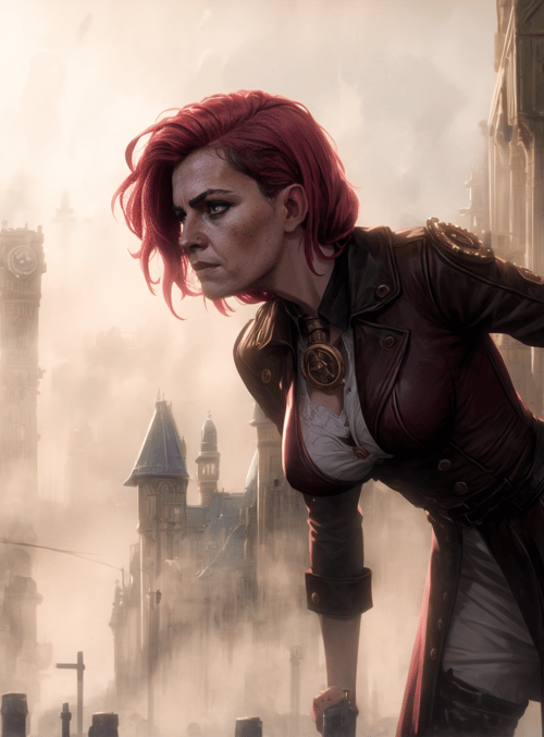 woman, steampunk, cityscape