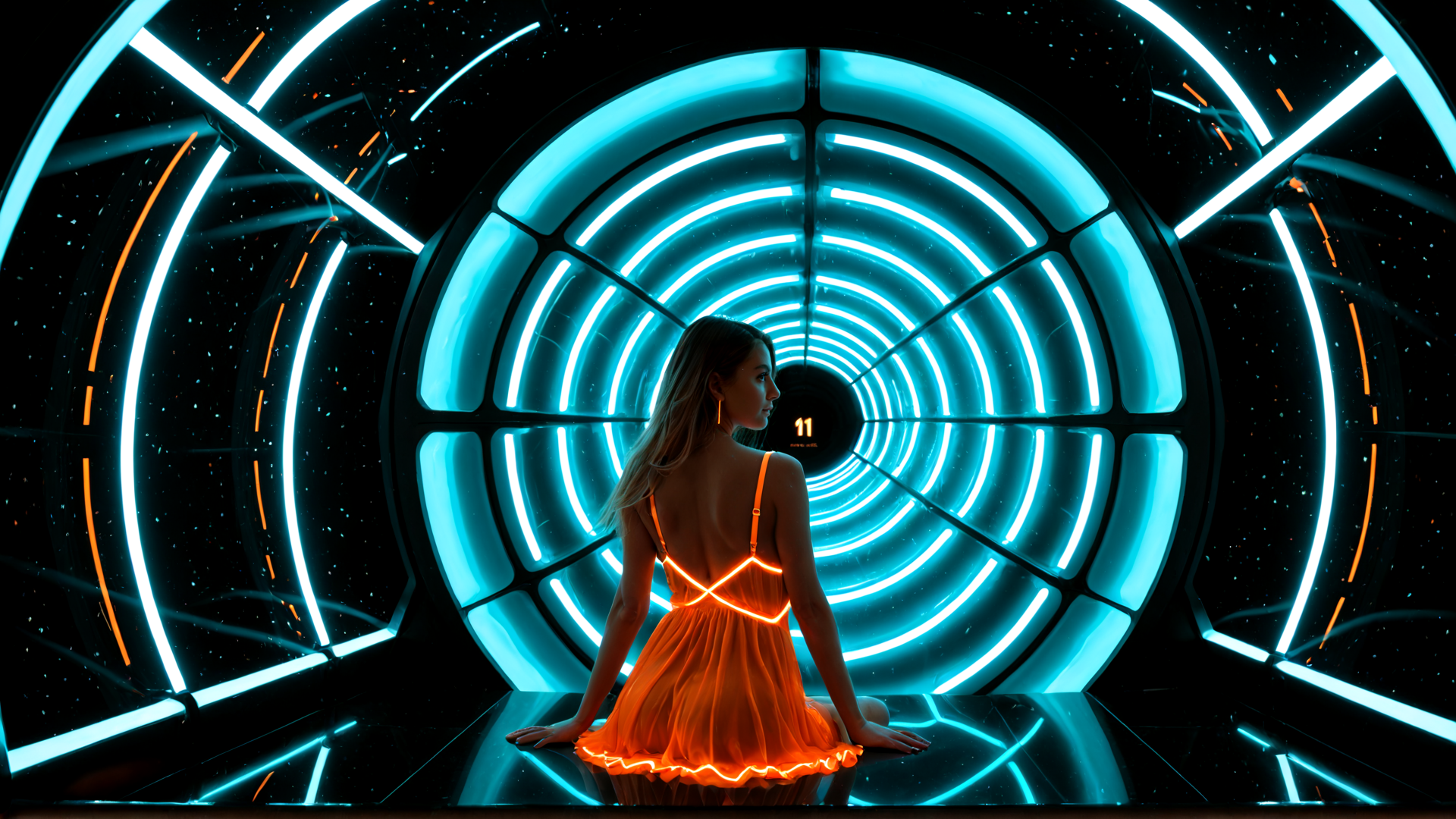 AI generated wallpaper featuring woman, neon tunnel, dress