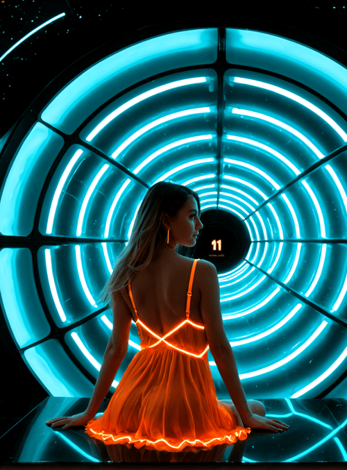 woman, neon tunnel, dress