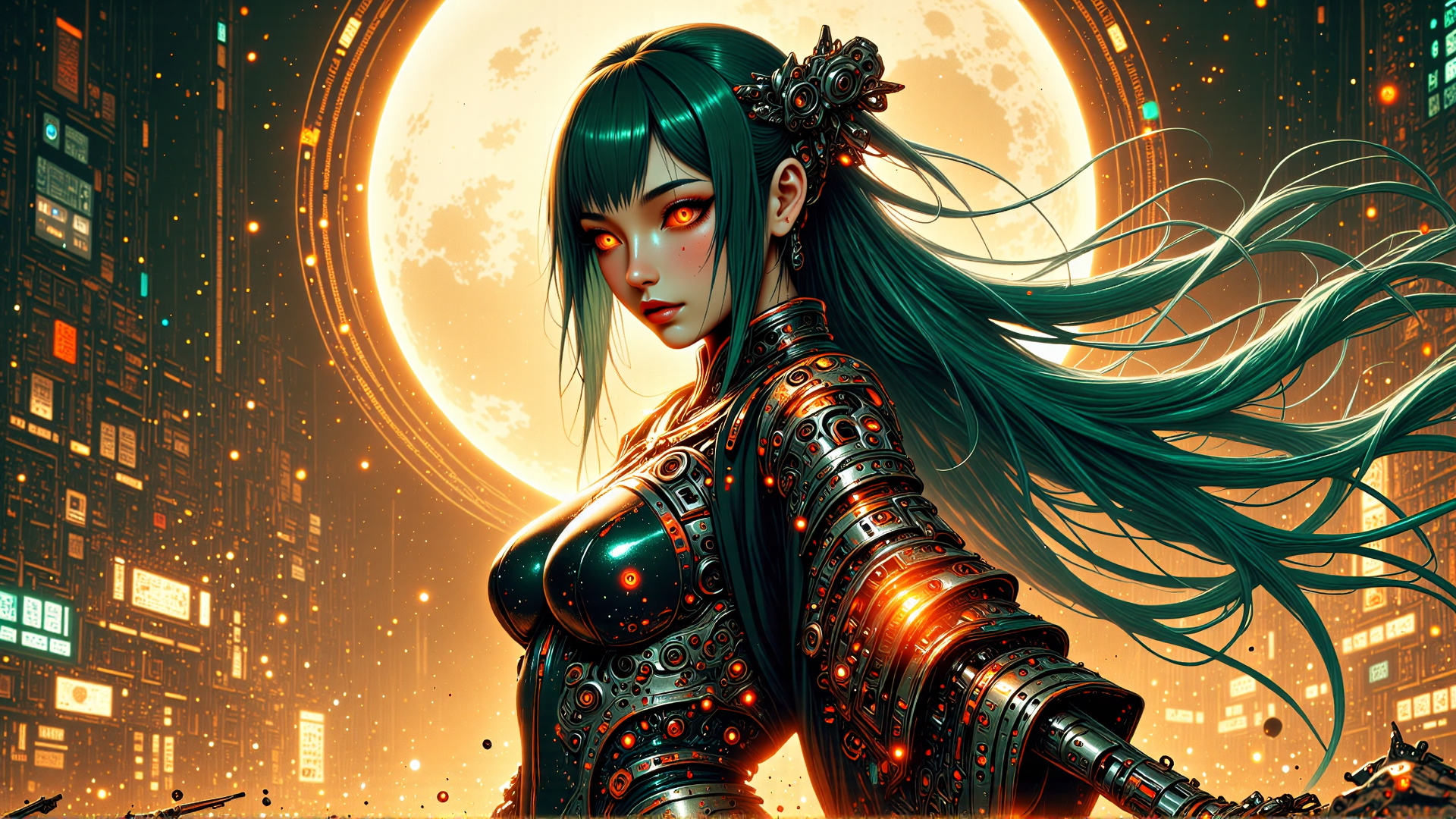 AI generated wallpaper featuring cyborg, woman, surreal, cityscape, moon, technology