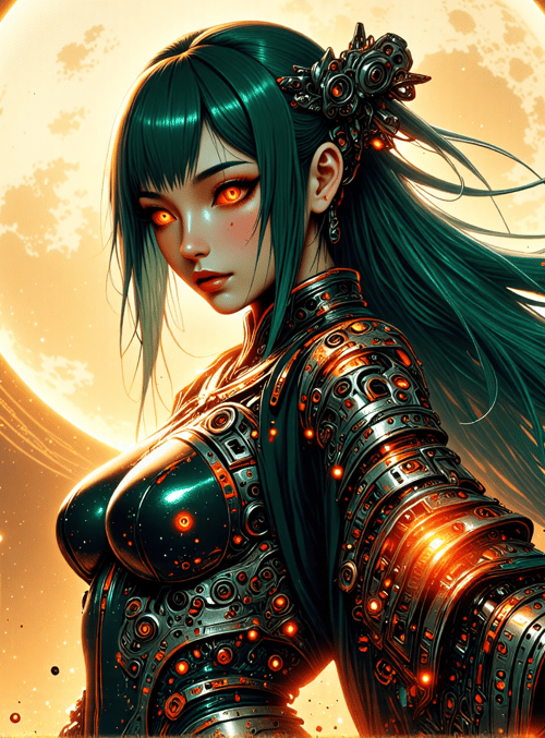 cyborg, woman, surreal, cityscape, moon, technology