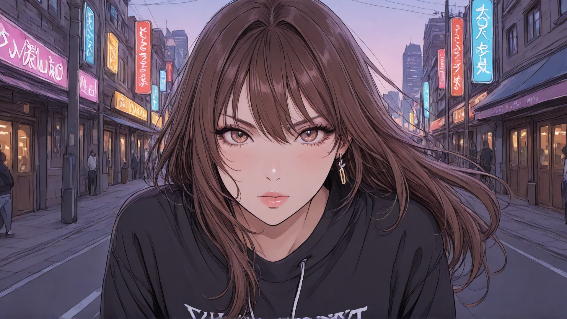 AI generated wallpaper featuring woman, street, buildings, signs