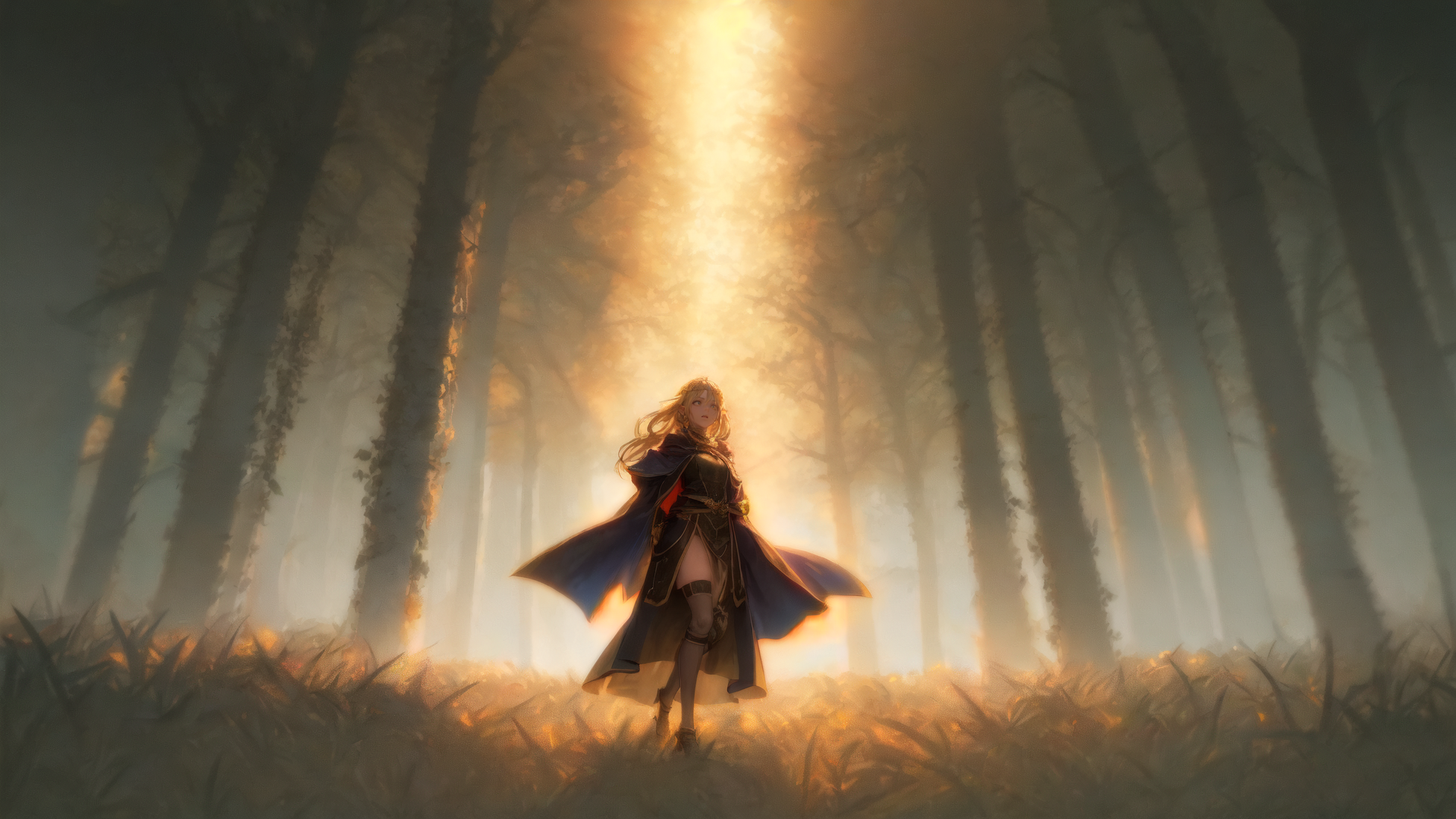 AI generated wallpaper featuring woman, forest, sunlight