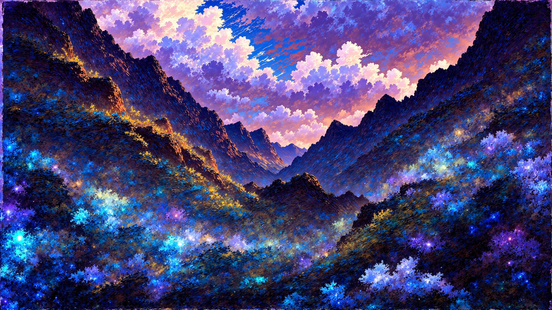AI generated wallpaper featuring mountains, valley, clouds, flowers, landscape, sky