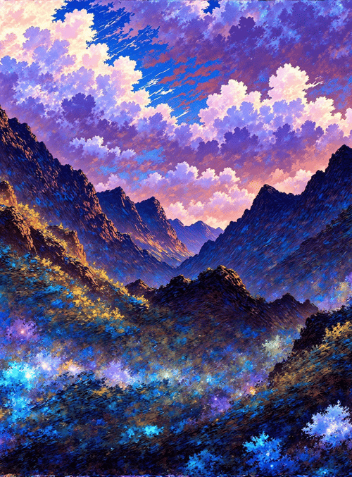 mountains, valley, clouds, flowers, landscape, sky