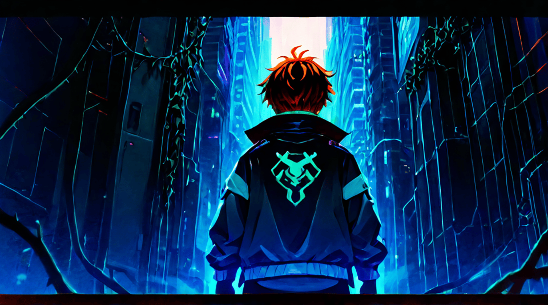 AI generated wallpaper featuring boy, cityscape, neon
