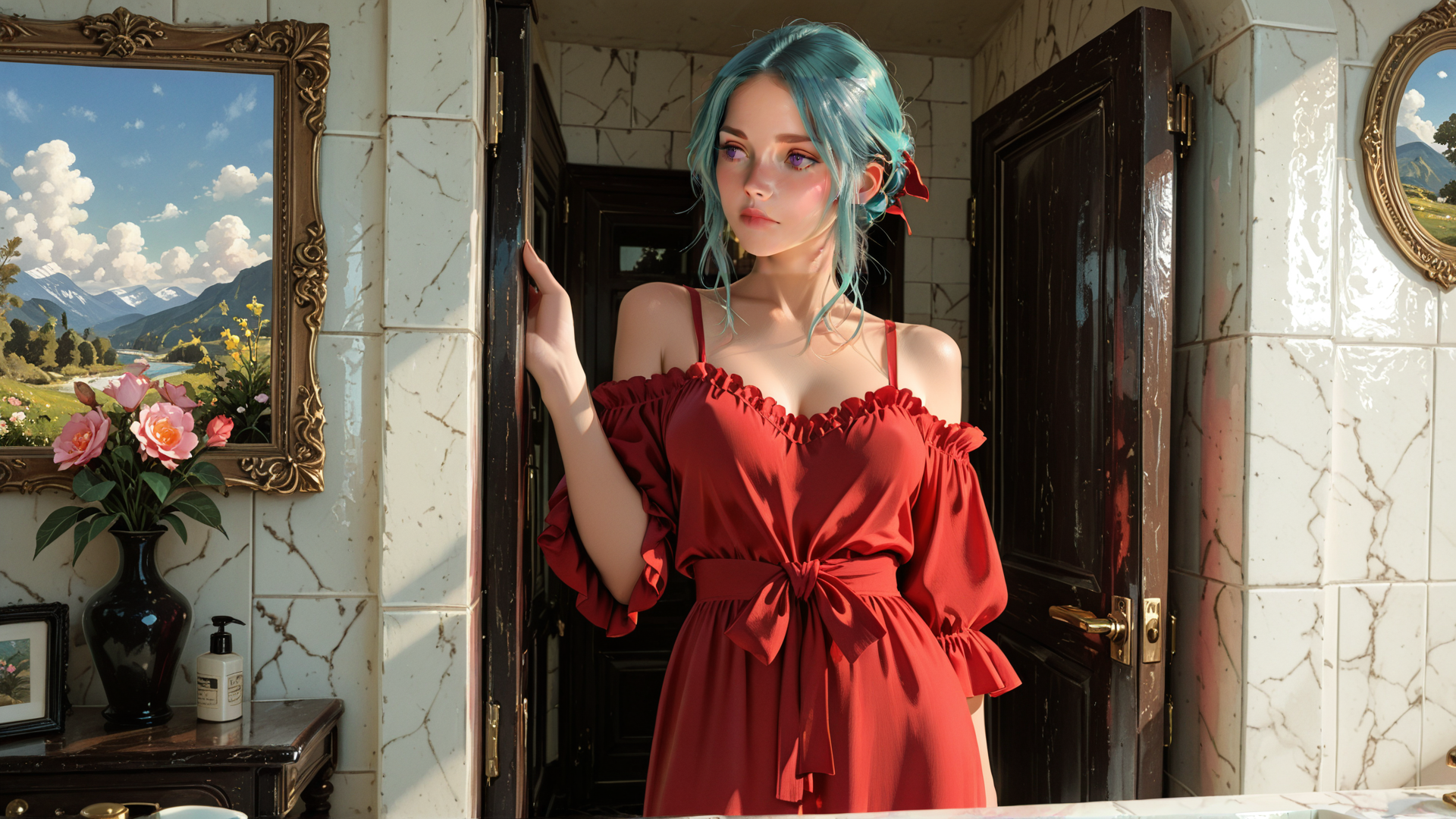 AI generated wallpaper featuring woman, dress, door, flowers, mirror, tiles, vase