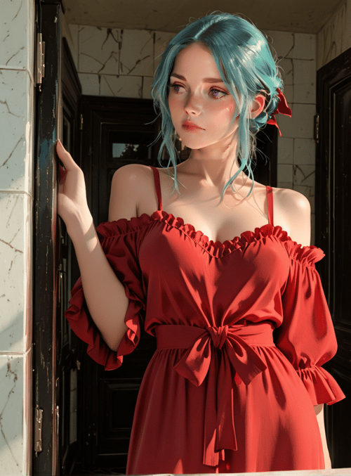woman, dress, door, flowers, mirror, tiles, vase