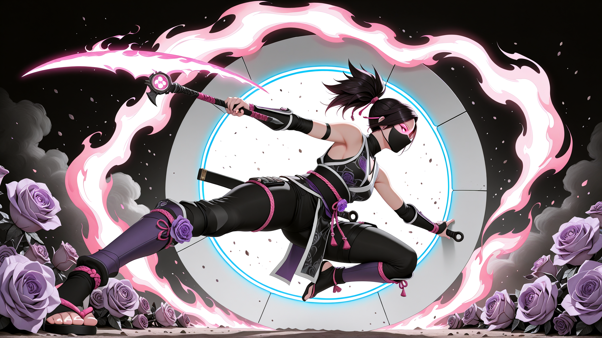 AI generated wallpaper featuring ninja, sword, roses, circle, mask, flames, shoes, gloves, belt, knee