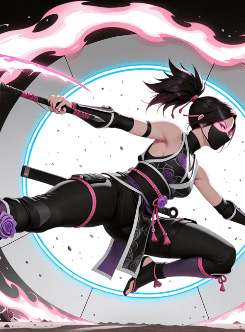 ninja, sword, roses, circle, mask, flames, shoes, gloves, belt, knee