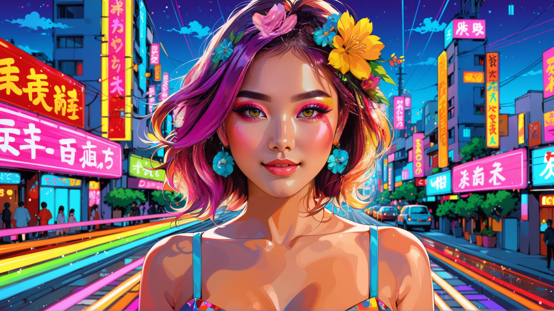 AI generated wallpaper featuring woman, city, flowers