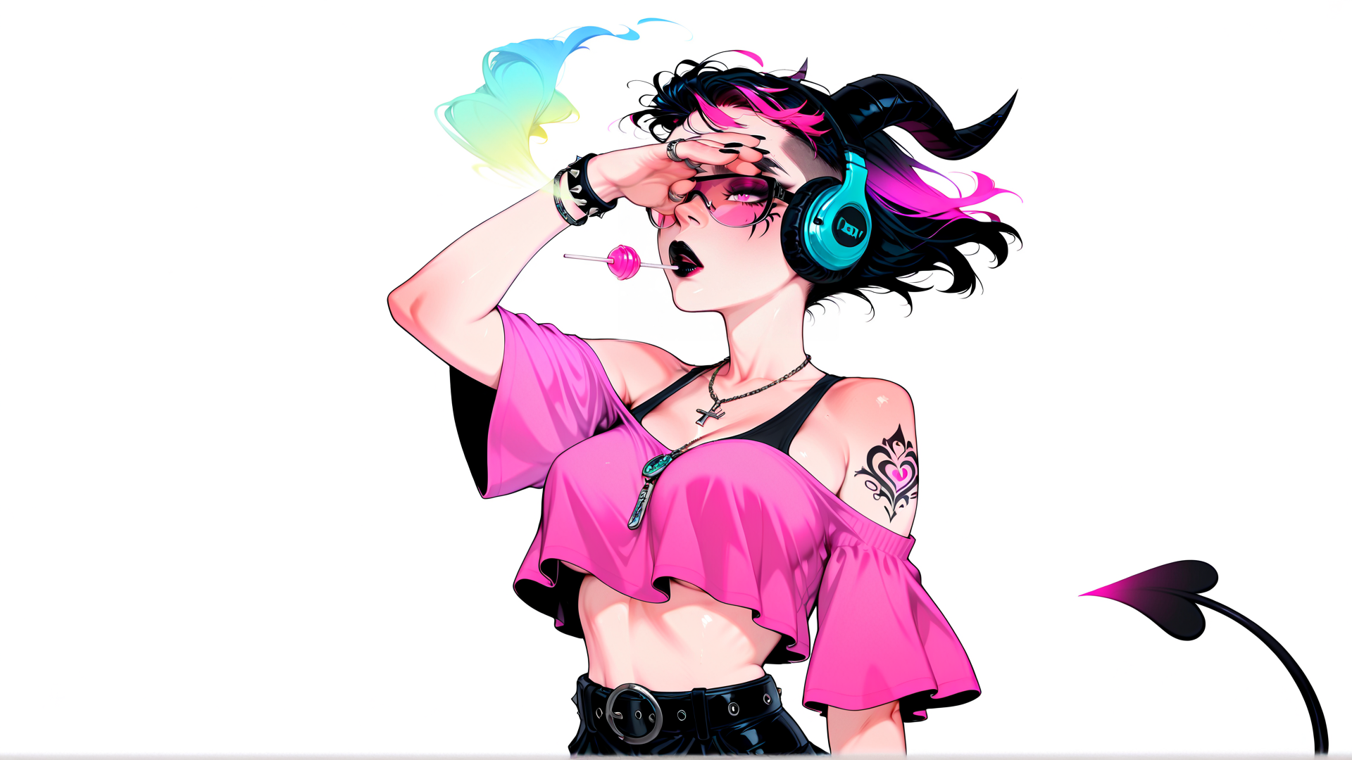 AI generated wallpaper featuring girl, devil, headphones, lollipop, tattoo, sunglasses, t-shirt