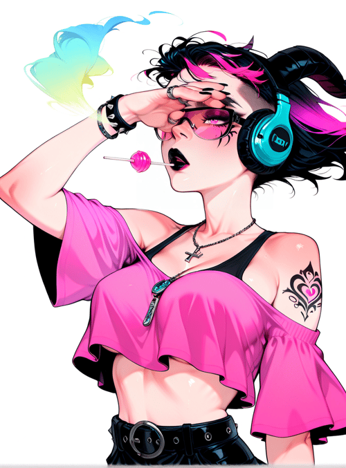 girl, devil, headphones, lollipop, tattoo, sunglasses, t-shirt